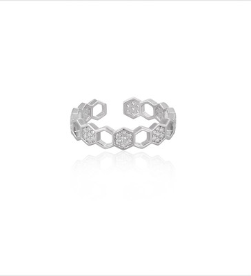 Shubhamkriti Jewels Adjustable Hexagon Open Band Silver Cubic Zirconia Silver Plated Ring