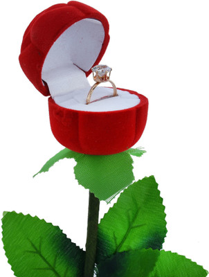 memoir Imitation Red Rose Jewellery Gift Item, with Solitaire CZ Gold Plated Free Size Finger Ring Women Brass Gold Plated Ring