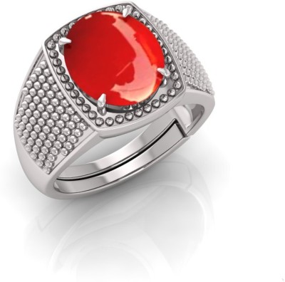 TODANI JEMS 14.25 Ratti Munga Gemstone Adjustable Ring With Lab CertificateFF Stone Coral Silver Plated Ring