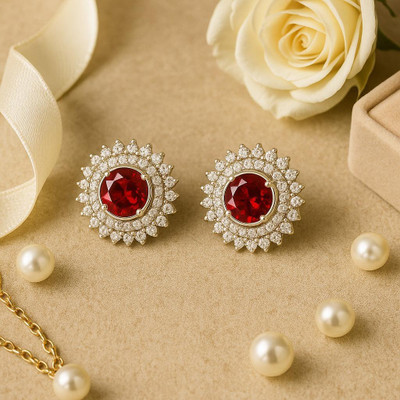 Chothy CHOTHY Gold Plated Ruby & American Floral Stud Earring | Cubic Zirconia Earring Brass Clip-on Earring