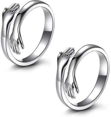 Viibesle Pack of 2 Special For Couple Silver Plated Friendship Loved Ones Hug Ring Stainless Steel Ring