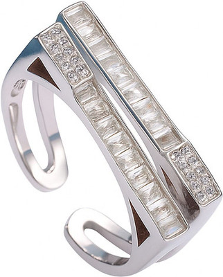 RANISHAA Adjustable Ring with Crystal Accents, Double Row Design, Open Band Sterling Silver Cubic Zirconia Ring