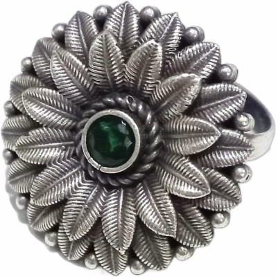 Mrigangi Stylish Oxidised Silver Sunflower Green Stone Adjustable Ring for Women Alloy Silver Plated Ring