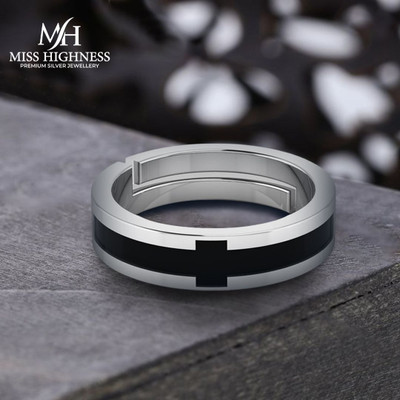 Miss Highness Black Cross Fidget Zircon Diamond Adjustable Ring – Luxury Gift for Men & Boys, Sterling Silver Cubic Zirconia Rhodium Plated Ring