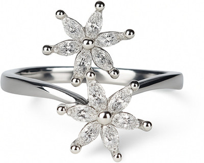 FOGGMART Flower Design Silver AD Finger Ring for Girls & Women, Adjustable & Rust-Free Stainless Steel, Metal Cubic Zirconia Silver Plated Ring