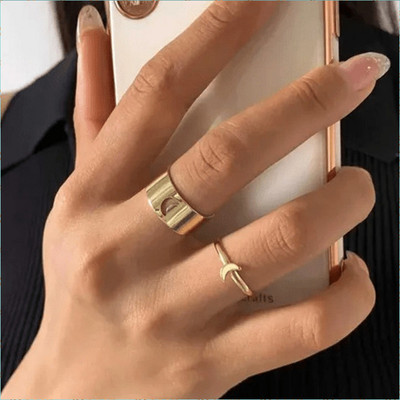 TVI Golden Half Moon Couple Ring Matching Wrap Finger Ring For Women And Girls Alloy Gold Plated Ring Set