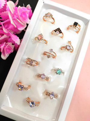 Divyanshi Collection Combo Pack Of Multicolour Multi Sizes 12 Rings Brass Diamond Gold, Silver Plated Ring Set