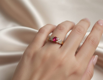 Diyaana Crimson Elegance Red Stone Gold Plated Ring for Women's & Girls. Alloy Beads, Cubic Zirconia Gold Plated Ring