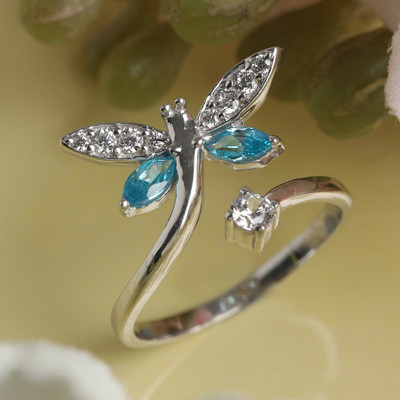 CLARA Butterfly Open Adjustable Ring Sterling Silver Cubic Zirconia Rhodium Plated Ring