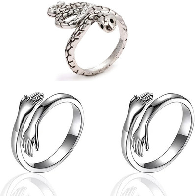 AVR JEWELS Combo of Silver plated 1 Snake Ring and 2 Love Hug Ring Special for couples Alloy Silver Plated Ring Set