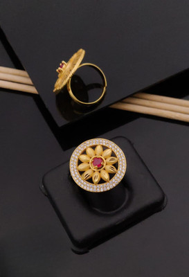 immitation Gold Plated Traditional Floral Ring with Ruby/Red Center Metal Pearl Silver Plated Ring
