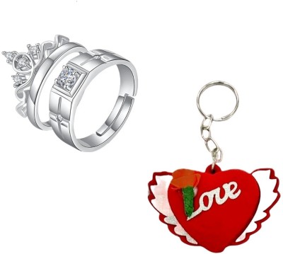 Vembley Special Gift Box Set With Silver Plated Crown Couple Ring & Love Heart Key Chain Alloy Ring Set