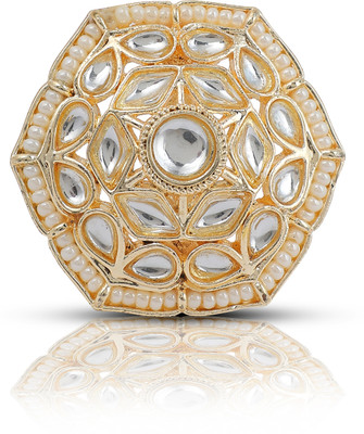 jodira Kundan Studded & Beaded Floral Adjustable Ring For Girls & Women Brass Gold Plated Ring