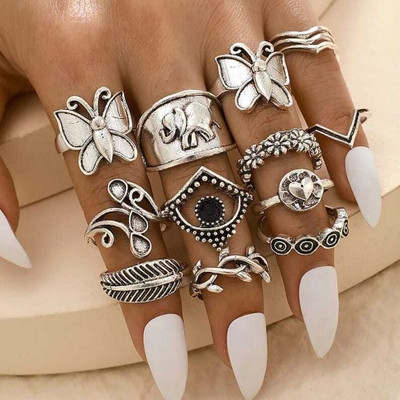 YY Creations YY Creations Butterfly Tribal Ring Set of 14 Stainless Steel Cubic Zirconia Silver Plated Ring Set