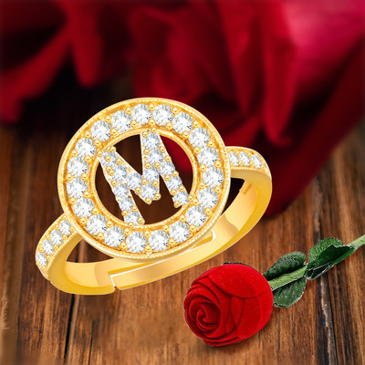 MEENAZ valentine gifts couple rings for girls women girlfriend M Alphabet name ring Brass, Copper, Crystal, Stone, Alloy, Metal Cubic Zirconia, Diamond, Zircon, Crystal Gold Plated Ring Set