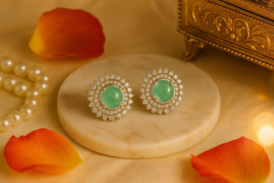 Chothy Gold Plated Ruby & American Diamond Floral Stud Earring | Cubic Zirconia Earring Brass Diamond Brass Plated Ring