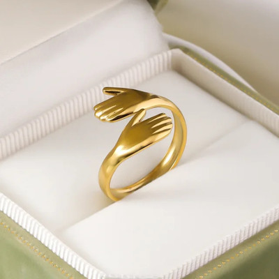 Dsfashiontrend Trendy Gold-Plated Stainless Steel Hug Hand Design Adjustable Stainless Steel Gold Plated Ring
