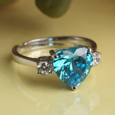 CLARA Sky Blue Heart Adjustable Ring Sterling Silver Cubic Zirconia Rhodium Plated Ring
