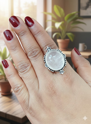 ShrimJewels Natural Rose Quartz Oval Adjustable Ring for Women & Girls,Navratri Special Ring Brass Quartz Silver Plated Ring