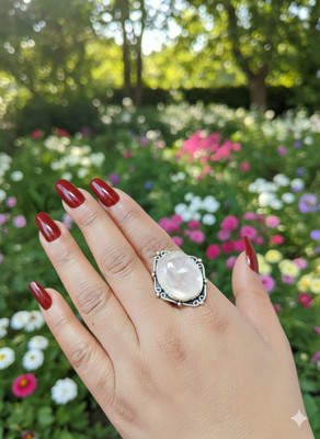 ShrimJewels Natural Rose Quartz Oval Adjustable Ring for Women & Girls,Navratri Special Ring Brass Quartz Silver Plated Ring