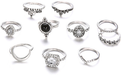 Jewels Galaxy Silver Plated Set of 10 Stone studded Stackable Rings Set Alloy Silver Plated Stack Ring