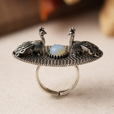 Sanseeta Rangat- Silver oxidised ring Brass Zircon Silver Plated Ring