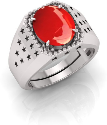 Pranjal Gems 14.25 Ratti Munga Gemstone Adjustable Ring With Lab CertificateRS Stone Coral Silver Plated Ring