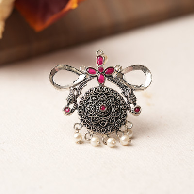 Sanseeta Anwita- Silver oxidised ring (Red) Brass Zircon Silver Plated Ring