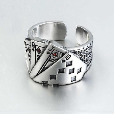 Shopping Dust Playing Card Engraved Adjustable Vintage Sterling Silver Ring for Men Stainless Steel Silver Plated Ring