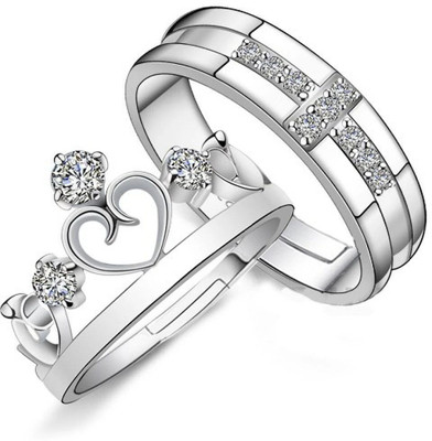 Astrootalk AdjustableCoupleRingsComboLoversCrownEngravedKingQueenAmericandiamondValentine Stainless Steel, Brass, Stone, Metal, Copper Cubic Zirconia Silver, Rhodium Plated Ring Set