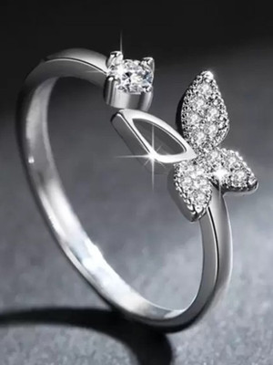 Alvira Beautifully Hollow Wing Butterfly Cubic Zircon Adjustable Ring for Women & Girls Stainless Steel, Brass, Stone, Copper, Metal Cubic Zirconia, Diamond Silver Plated Ring