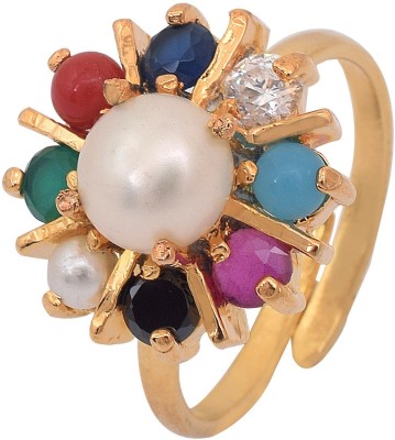 MissMister Gold plated Semi Precious stone Navratan Free size Fashion finger ring Women Adjustable Brass Pearl Gold Plated Ring