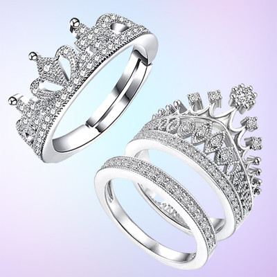 University Trendz Crown Small /Big Designer Delicate Ring for Women & Girls. Stainless Steel Sterling Silver Plated Ring Set