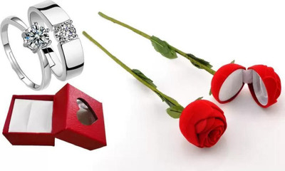 Deevora Valentine Day Couple Ring With Beautiful Red Rose Box (1 Rose Box 1Pair Rings) Alloy Platinum Plated Ring Set