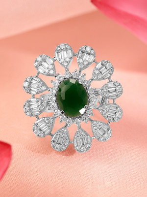 RUBANS Rhodium-Plated Emerald Green & CZ Studded Floral Design Adjustable Finger Ring Brass Rhodium Plated Ring