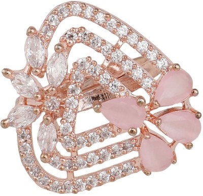 JEWELS GURU Gold-Plated Pink & White AD-Studded Adjustable Finger Ring_JG Brass Cubic Zirconia Gold Plated Ring