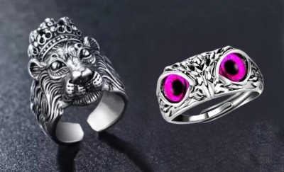 Sunshine Creations Trendy Stylish Adjustable Owl Ring & Lion Head Ring Combo For Men & Women Stainless Steel, Crystal Silver Plated Ring