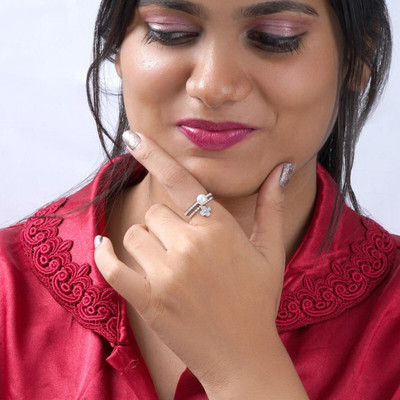 Trending Charm & Pearl Luxe Silver Ring Set Sterling Silver Zircon, Pearl Platinum Plated Ring