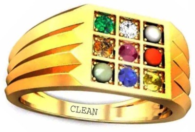 CLEAN GEMS Natural Navaratna (9 Gemstone) for Men & Women Panchdhatu 22K Gold Plated-5 Alloy Ring