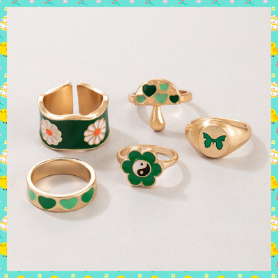 TheVineGirl 5 Pcs Green Flower Heart Butterfly Mushroom Ring Set For Women And Girls Alloy Gold Plated Ring Set