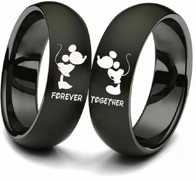 University Trendz Stainless Steel Rhodium, Black Silver Plated Ring Set