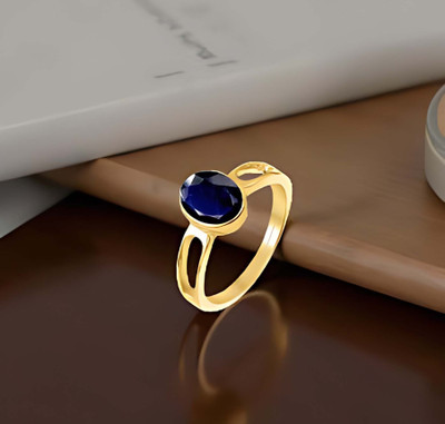 PTM Natural Blue Sapphire (Neelam) Gemstone 3.25 Ratti or 2.96 Carat for Male Panchdhatu 22K Gold Plated Alloy Ring
