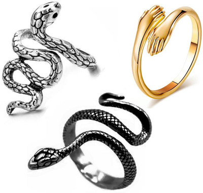Stylewell Pack Of 3 CMB7912 Love Couple Hand Hug Me And Shiva Snake/Sarp Thumb Finger Ring Stainless Steel Ring