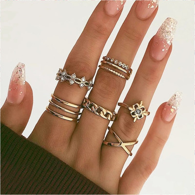 Zaphariq 6 Pcs Crystal Good Luck Twist Cross Chain Ring Set For Women/Girls Alloy Cubic Zirconia Gold Plated Ring Set