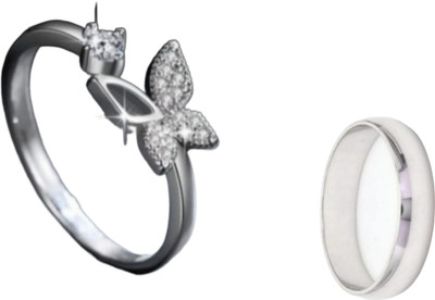 house of common STYLISH RINGS COMBO Stainless Steel Zircon Sterling Silver Plated Ring Set