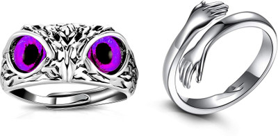 NEXT CREATION Owl Bird Open Adjustable Ring & Hug Ring for Women & Girl Free Size (pack of 2) Steel Ring Set