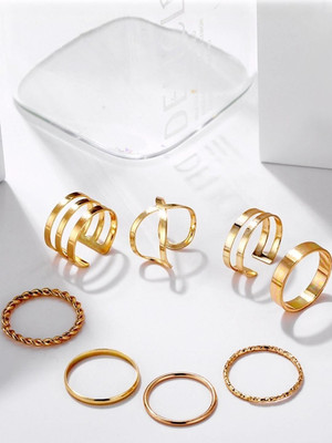 Dressberry Gold Plated Eight Piece Trendy Dailywear Western Designs Ring Set Alloy Gold Plated Ring Set