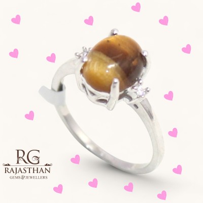 PH Artistic Ring Silver 925 Sterling Women Tiger Eye Gem Stone & Cubiz Zirconia F189 Sterling Silver Sterling Silver Plated Ring