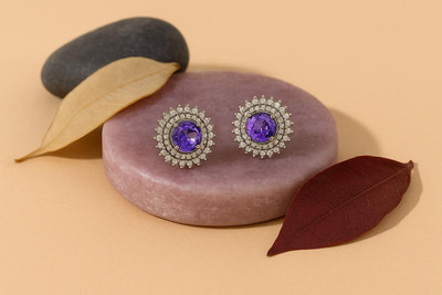 Chothy Gold Plated Ruby & American Diamond Floral Stud Earring | Cubic Zirconia Earring Brass Diamond Brass Plated Ring