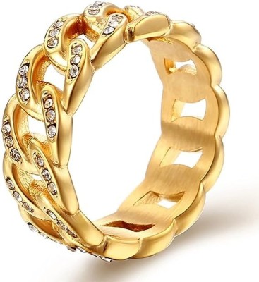 vien Round Cut White Cubic Zirconia Curb Chain Style Unisex Band Ring Stainless Steel Cubic Zirconia Gold Plated Ring